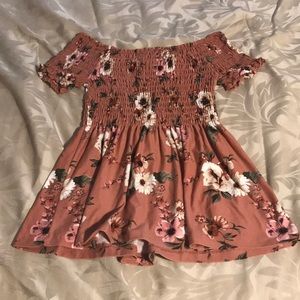 Shoulder-less top. Dark-ish dusty rose colored.